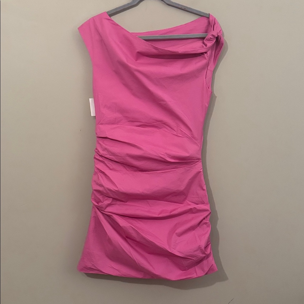 NWOT- Good American Poplin Ruched Off Shoulder Mini Dress, Berry Sorbet, Medium - Picture 9 of 12
